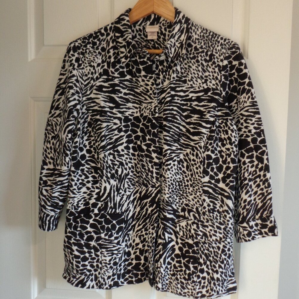 Covington Black & White Animal Print Button Up 2 Pocket‎ Linen Blend Jacket Sz L